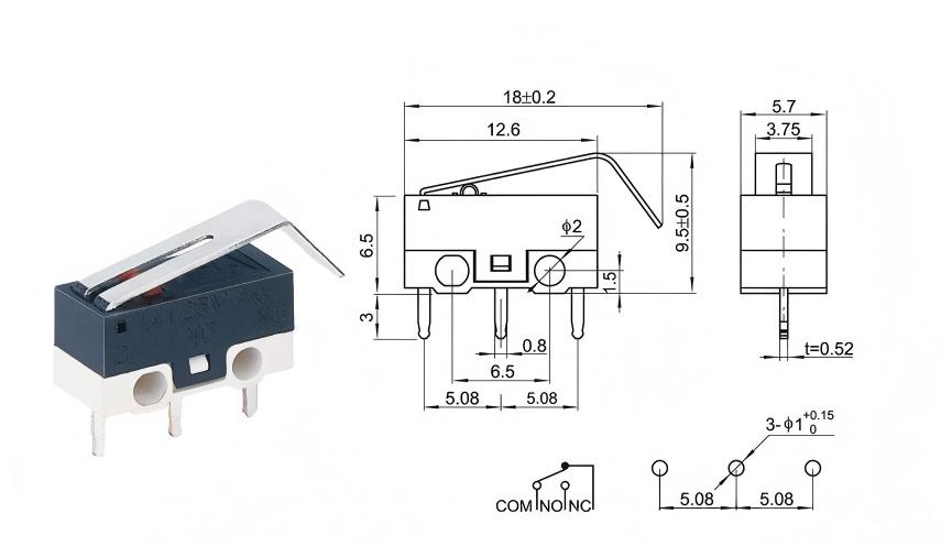 Zilveren DOT muisschakelaar met gebogen handvat